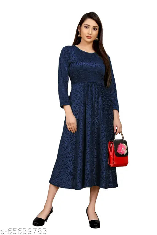 Navy blue accordion pleated fit flare kurti with long sleeves