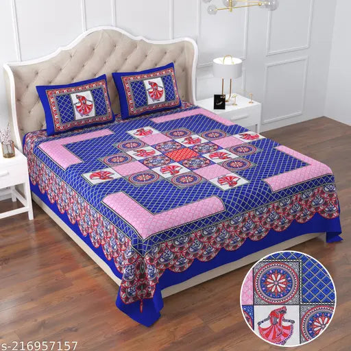 Designer cotton Jaipuri printed queen size double bedsheet, superfine 160 thread count, vibrant color, 2 pillow covers included, ideal for summer seasons, Made in India