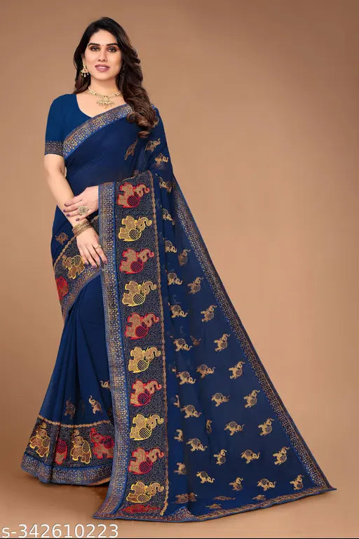 Georgette saree with gold zari border, blouse included
