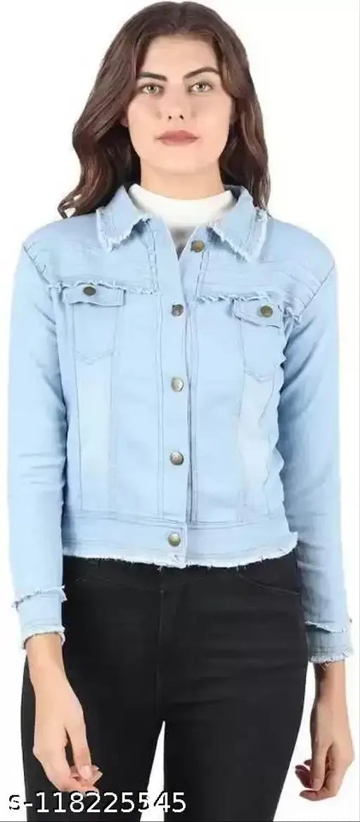 Solid denim women's jacket, three-quarter sleeves, classic style with shank buttons and chest pockets. Available in multiple colors for various occasions