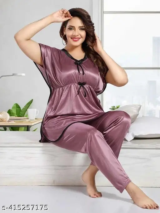 Satin full-length women's nightsuit in solid color, perfect for lounge & sleep wear, Indian origin