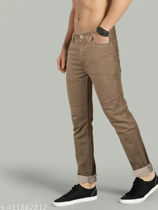 Beige men's comfort fit denim jeans for regular fit and casual look, solid mid-rise Indian-made denim jeans