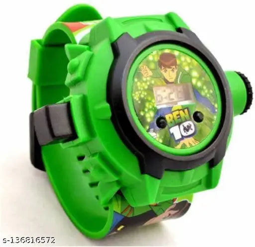 Green rubber watch with digital projector, "Ben 10" logo, multiple lighted images on strap