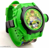 Green rubber watch with digital projector, "Ben 10" logo, multiple lighted images on strap