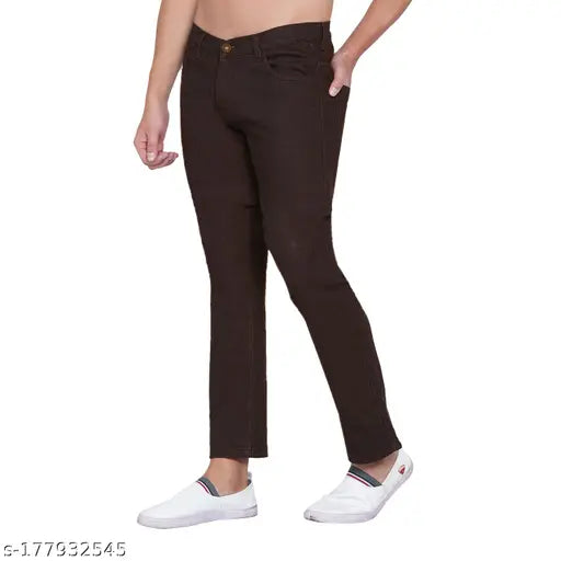 Brown cotton blend men's jeans, straight fit with coffee color, stretchable and available in sizes 28, 30, 32, 34, 36, 38, 40 (India)