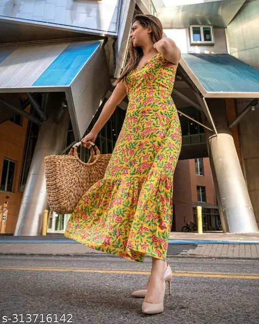 Rayon yellow kurta, sleeveless printed net dress for women and girls, trendy fashion from India