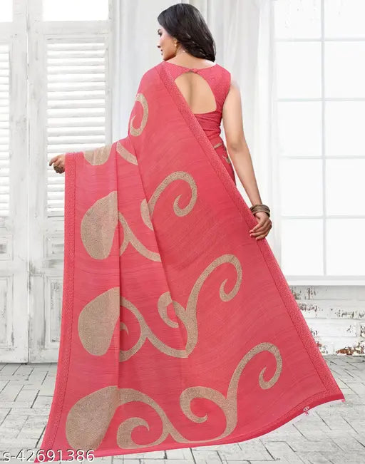 Pink and gold printed georgette saree
