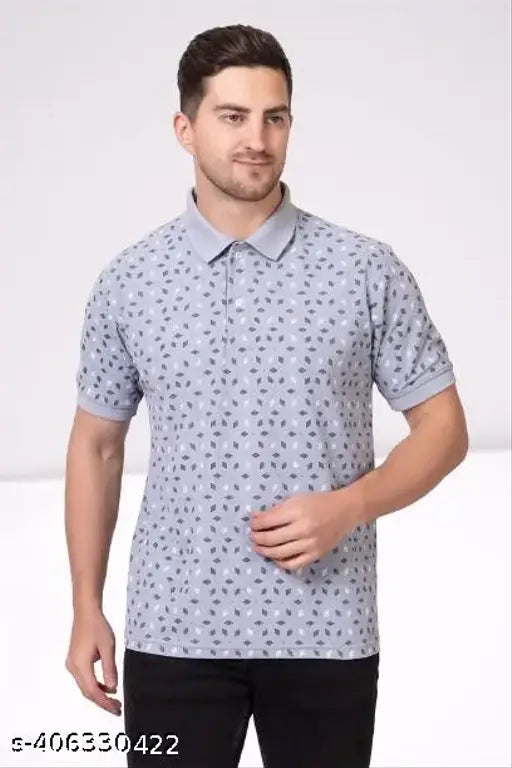 Light grey pure cotton polo t-shirt with geometric print, short sleeves and regular length collar on a mannequin