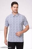 Light grey pure cotton polo t-shirt with geometric print, short sleeves and regular length collar on a mannequin