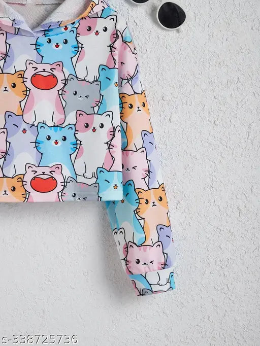 Cat print cotton blend long sleeve crop top for girls, vibrant design on display