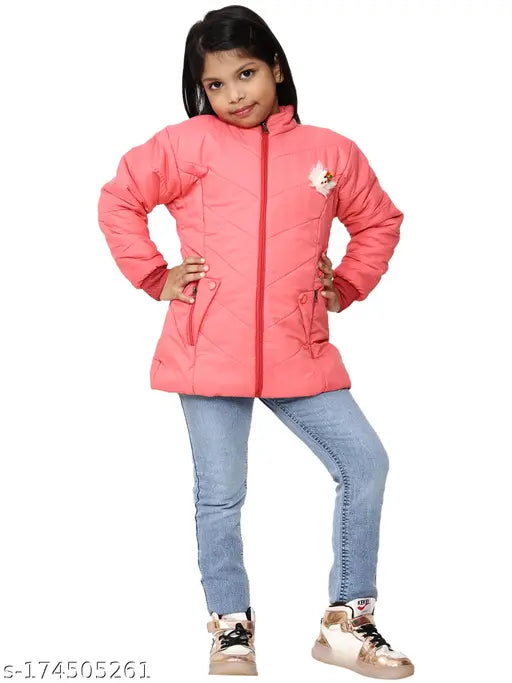 Pink padded coat with hood, zip closure
