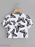 Trendy printed crop t-shirt, round neck top for women (polyester/lycra), available in sizes S-XL. Perfect for casual outfits like jeans, leggings, or shorts. Machine washable; wash inside out and dry in shade. Indian origin