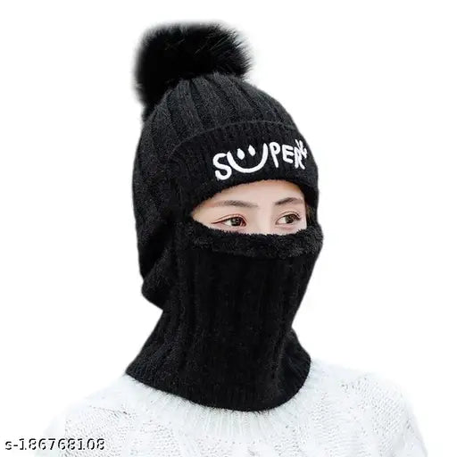 Black wool knit hat, snow ski visor, neckwarmer, cap with monkey design
