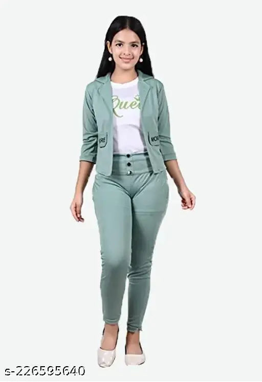 Girl in mint green blazer and trousers set