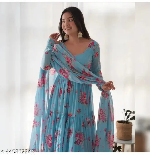Printed Designer Georgette Gown with Dupatta, Solid Net Floral Print, Three-Quarter Sleeves (S:36", L:51", W:32", H:40"), Weightless Fabric, Full Flair Anarkali style (M:38", L:51", XL:42", XXL:44")