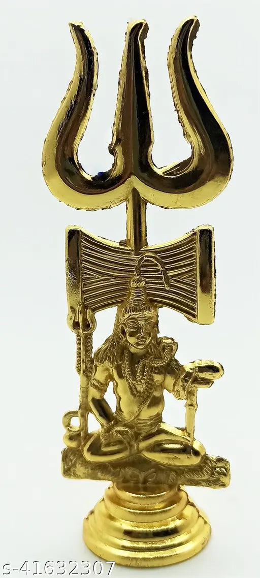 Handmade gold metal Shiva Trishul with Damru for pooja & car dashboard decoration, India origin
