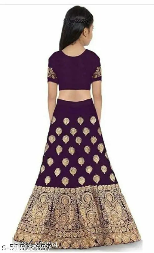 Modern stylish satin lehenga choli set for girls, embroidered with semi-stitched net dupatta, available in various sizes from 4-15 years