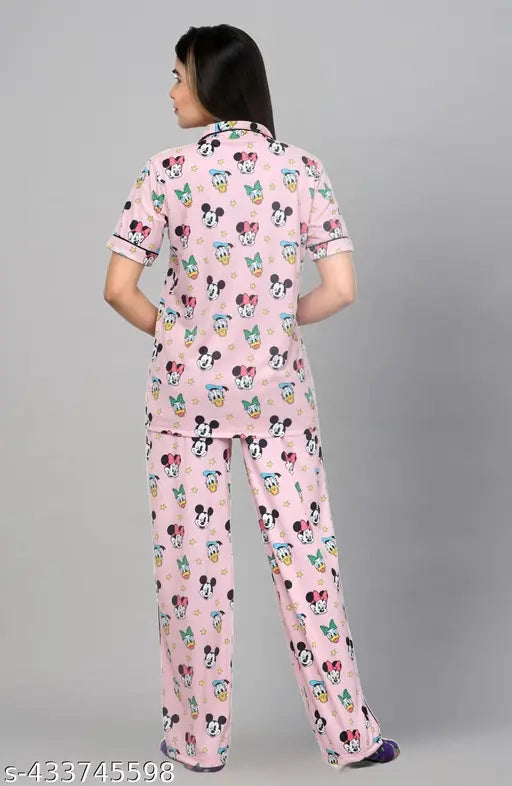 Pink printed polycotton women's shirt and pyjama set, half-sleeve top and matching bottoms, vibrant design, soft, breathable fabric