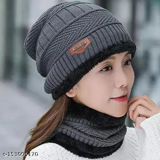 Women's Woolen Cap with Neck Muffler/Neckwarmer Set of 2 Free Size -Grey