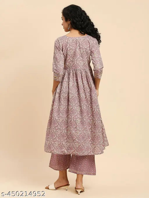Printed cotton kurta set with palazzos, three-quarter sleeves, Indian women's fashion (Optimized for 'Indian fashion', 'cotton kurta set', and 'printed palazzo')