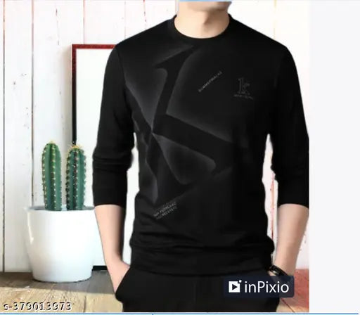 Round Neck Cotton Blend T-Shirt, long sleeves, printed pattern, soft, lightweight, breathable, high-quality, India origin