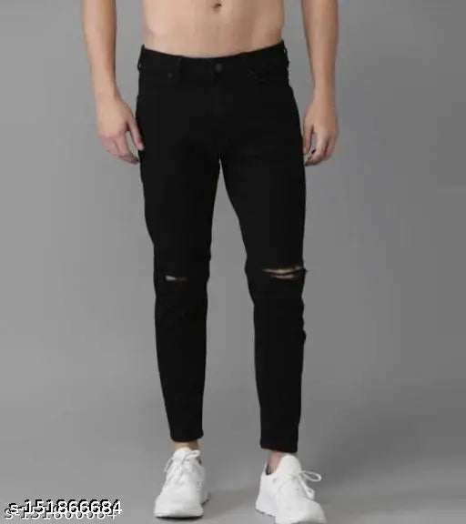 Men's cotton blend knee-cut jeans, solid net, perfect fit for any occasion