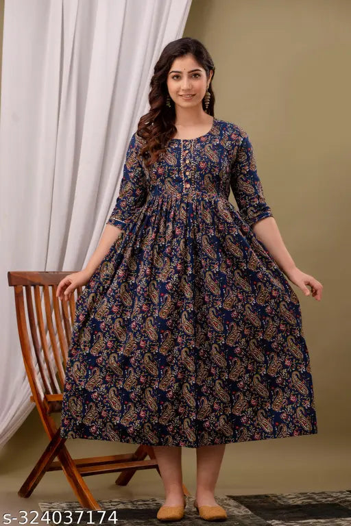 Cotton Cambric maternity tie-up belt gown with three-quarter sleeves, post pregnancy long kurti dress in printed combo. Available in M, L, XL, XXL sizes. India origin