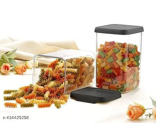 A set of three unbreakable air-tight square plastic containers in a kitchen storage configuration with varying sizes, 1100ml and 500ml, for storage use in a kitchen