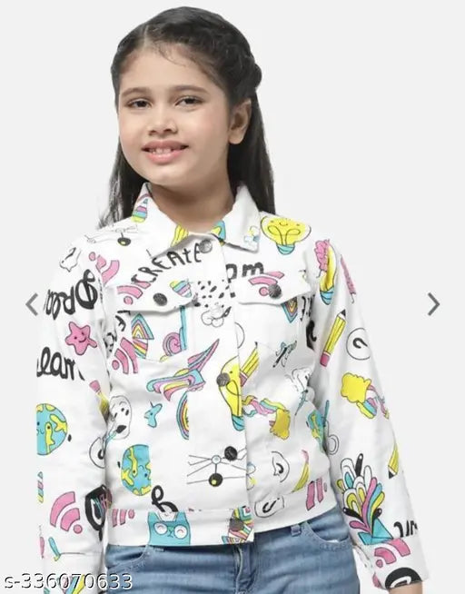 A vibrant girls' denim jacket with a graphic print