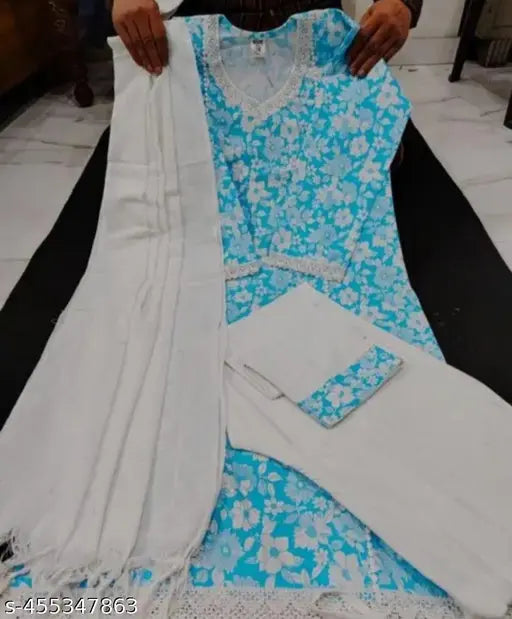 Fashionable women's kameez and churi dress set, blue and white patterned cotton material