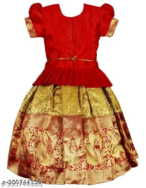 Traditional wear kids' duppion silk lehenga choli set, embellished with lace work & jequard pattern, suitable for festivals & parties