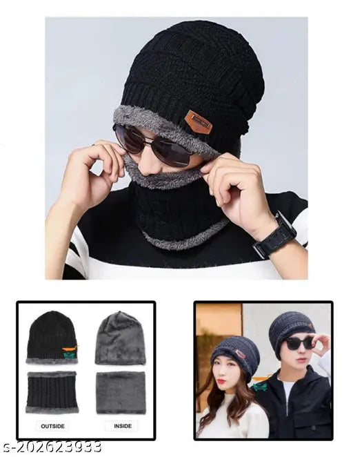 Wool winter beanie hat & scarf set, thick fleece-lined with fur net pattern - Multicolor (India)