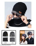 Wool winter beanie hat & scarf set, thick fleece-lined with fur net pattern - Multicolor (India)