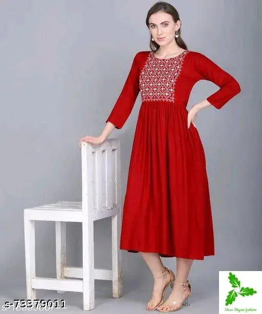 Red rayon women's kameez with yoke embroidery