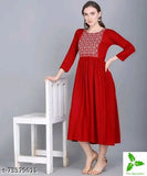 Red rayon women's kameez with yoke embroidery