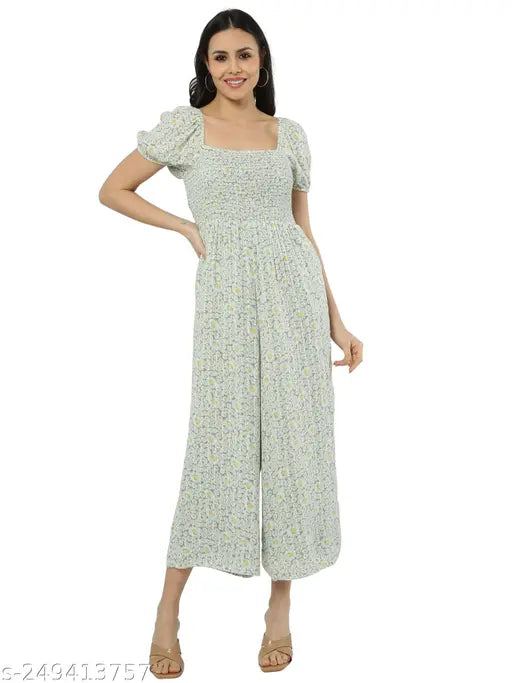 Green polyester women's smocking print jumpsuit with short sleeves, floral design - casual and versatile fashion from India