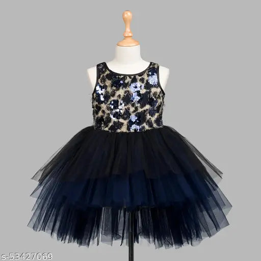 Navy blue net dress for kids party wear, embellished sleeveless design, suitable for ages 1-2 and 9-10 years