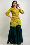 Yellow and green embroidered kurta set with chudidhar and lehenga skirt