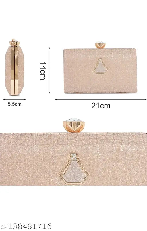 Gold sequin fabric clutch with gold accents