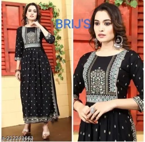 Rayon Taj Mahal Anarkali Kurti, single-colored Indian print, three-quarter sleeves, Sanganeri lace border, S, M, L, XL, XXL sizes