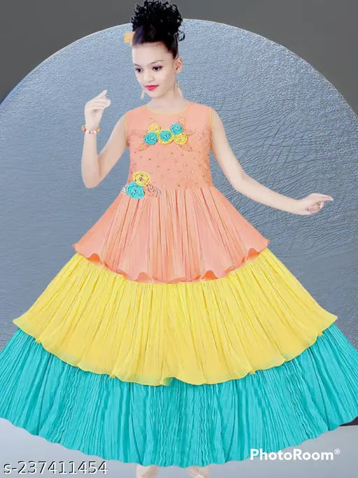 Silk blend sleeveless casual gown for girls, self-design net, 3-4 years size