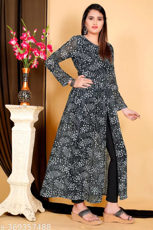 Black and white floral Georgette fancy kurti, intricately embellished with lace and beadwork, ideal for special occasions