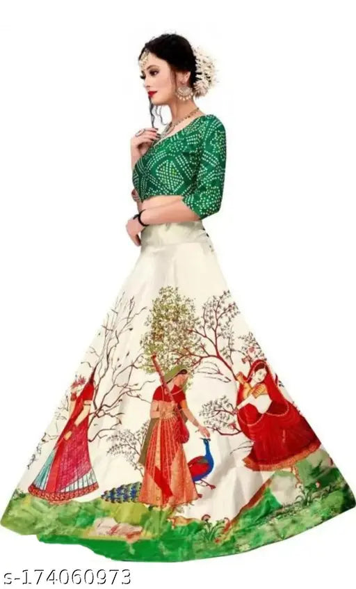 Baby Girls Silk blend Bandhani Printed Semi-stitched Ethnic Wear Lehenga Choli, Indian handcrafted traditional Madhubani stitch design, available in sizes from 5-12 years