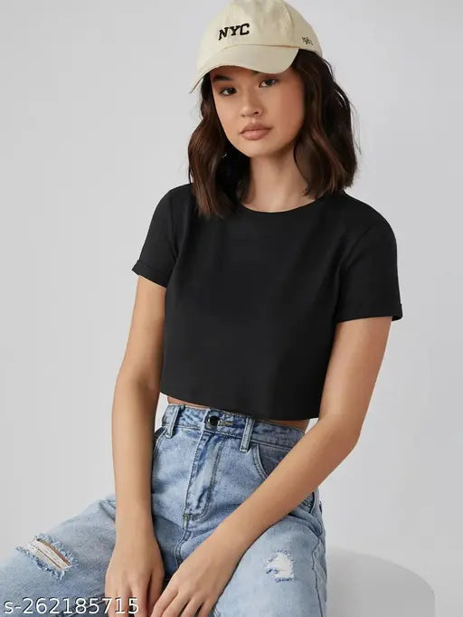 Black cotton solid round neck crop top/tee for women and girls, trendy fashionable attire for any occasion