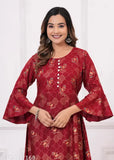 Red, floral anarkali kameez with embroidery details