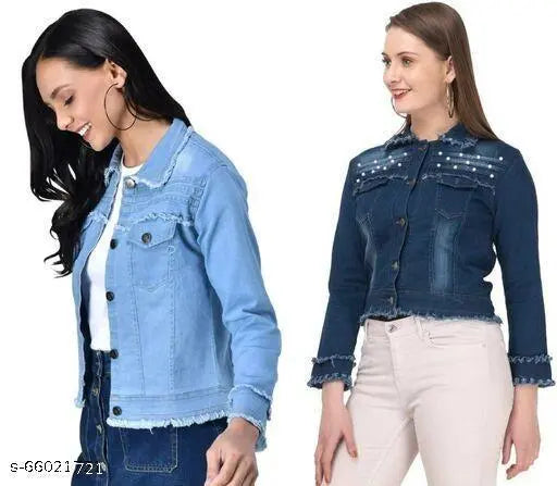 Denim solid-pattern fancy feminine waistcoat for women, long-sleeved - S (bust size 34in, length 20in), made in India