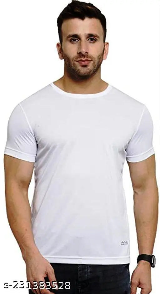 Men's white polyester round neck T-shirt, short sleeves, printed design - pure polyester fabric for all-day comfort, suitable for various activities like sports, travel, or sleep. Made in India