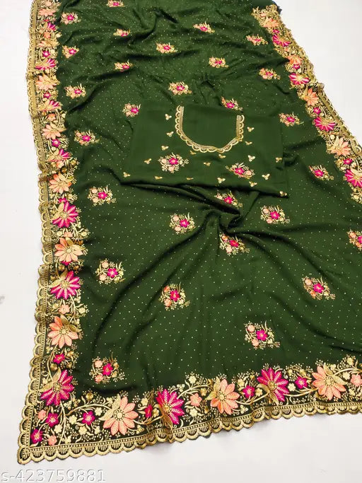 Green sari with floral embroidery and pallu, matching blouse