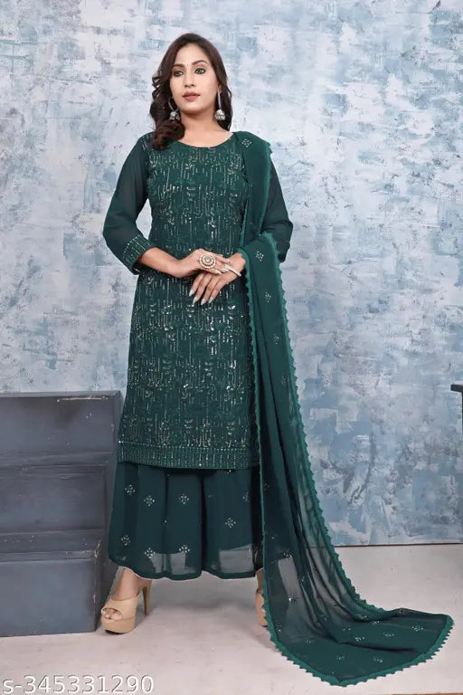 Women's straight-cut embroidered kurti with sharara and dupatta in georgette fabric, long sleeves