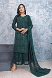 Women's straight-cut embroidered kurti with sharara and dupatta in georgette fabric, long sleeves